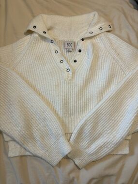 BDG Cream Ribbed Snap-Collar Turtleneck Sweater